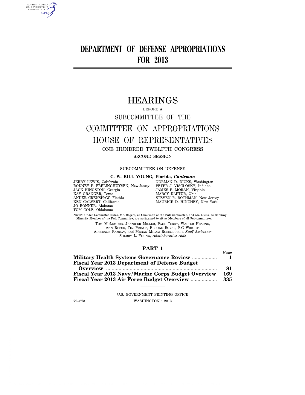 Department of Defense Appropriations for 2013 Hearings Committee on Appropriations