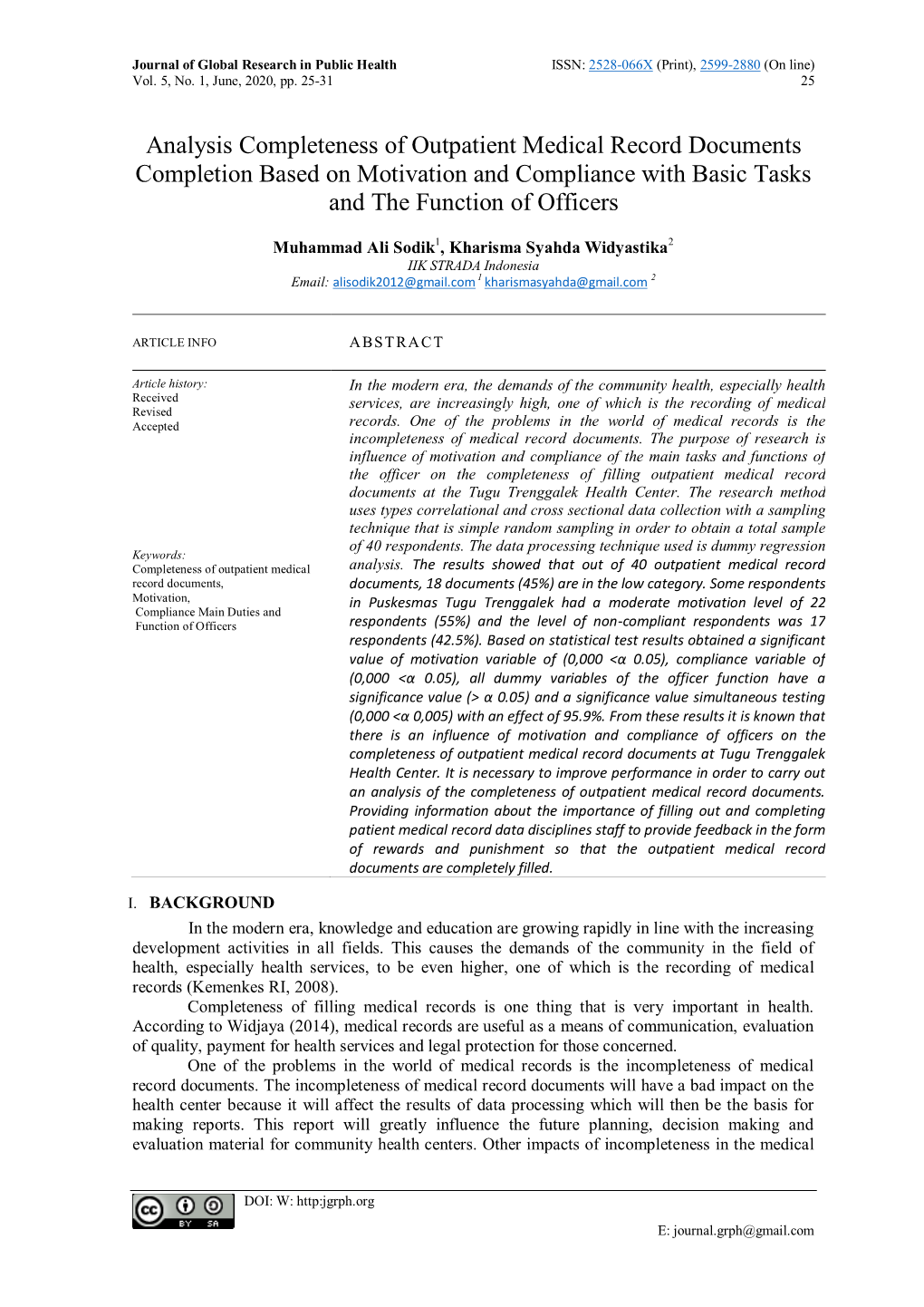 Analysis Completeness of Outpatient Medical Record Documents Completion Based on Motivation and Compliance with Basic Tasks and the Function of Officers