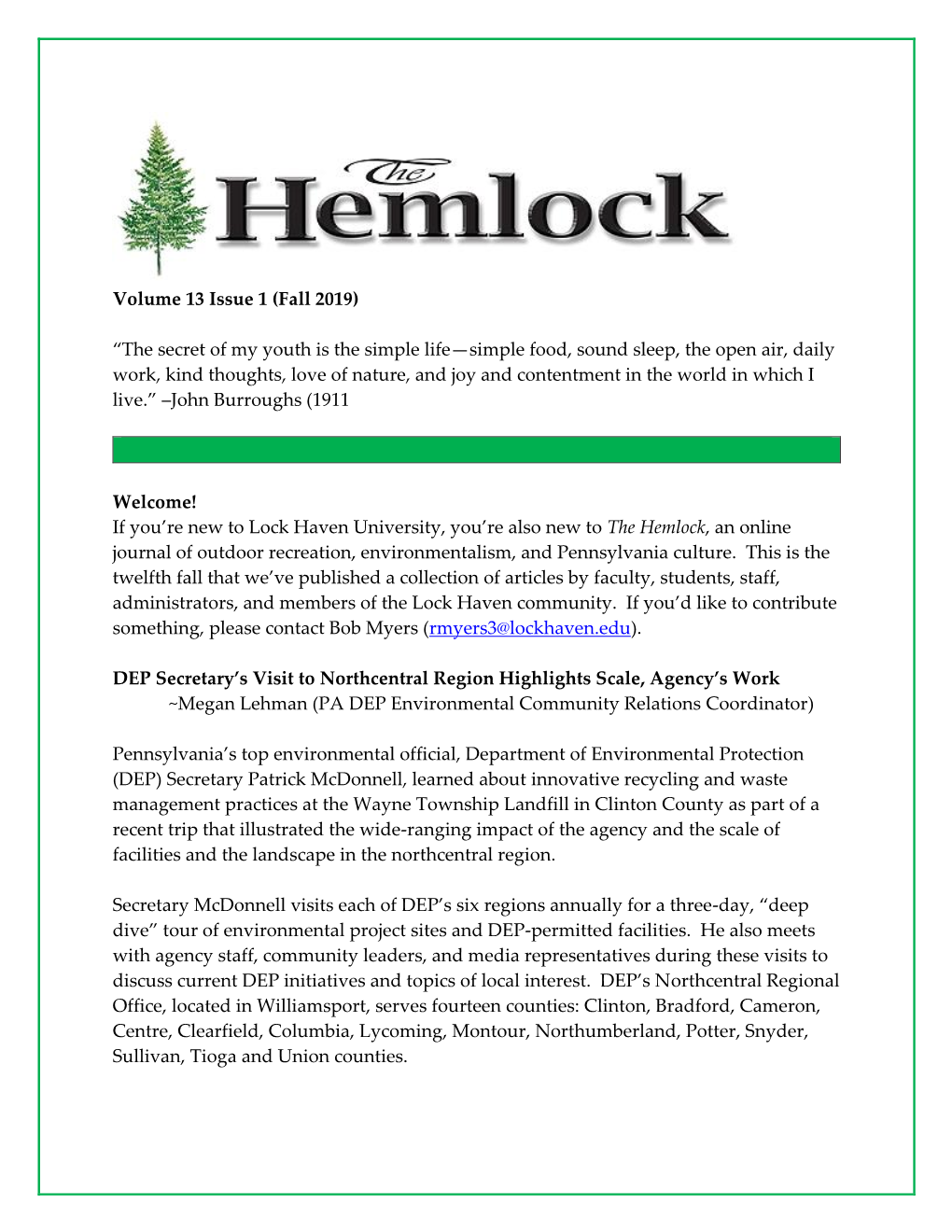 The Hemlock, an Online Journal of Outdoor Recreation, Environmentalism, and Pennsylvania Culture