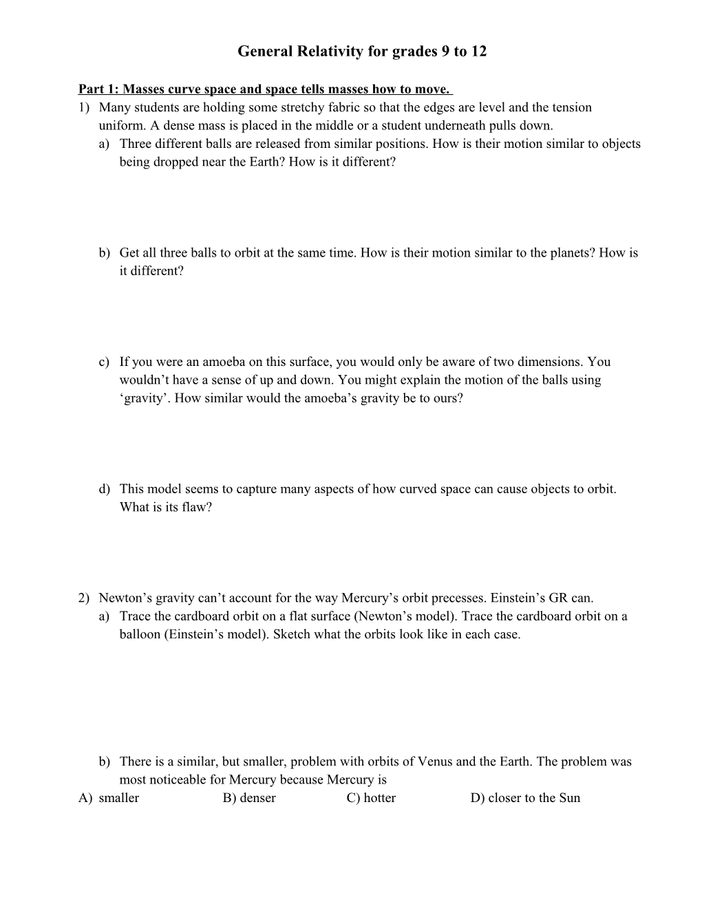 General Relativity for Grades 9 to 12