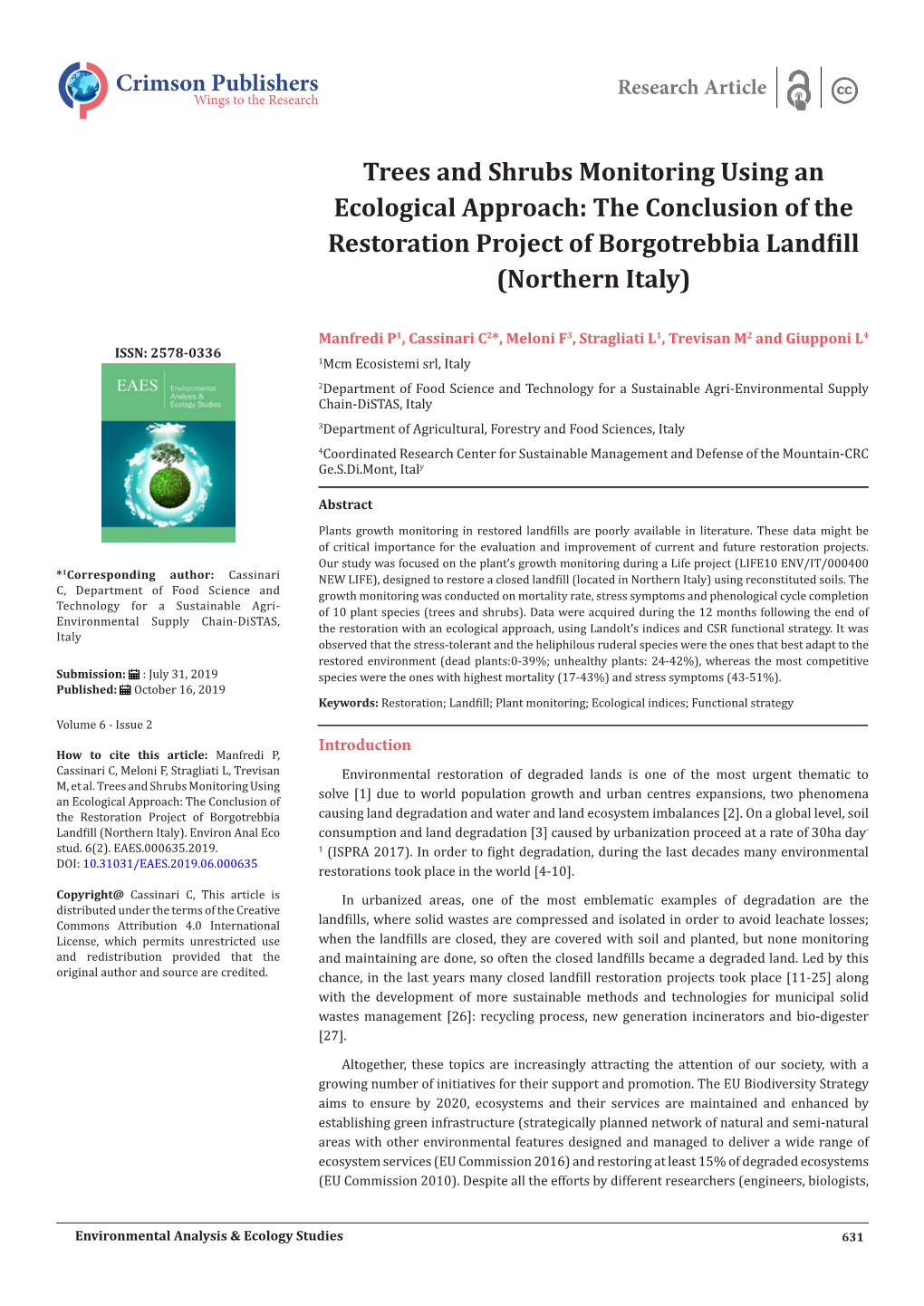 Trees and Shrubs Monitoring Using an Ecological Approach: the Conclusion of the Restoration Project of Borgotrebbia Landfill (Northern Italy)
