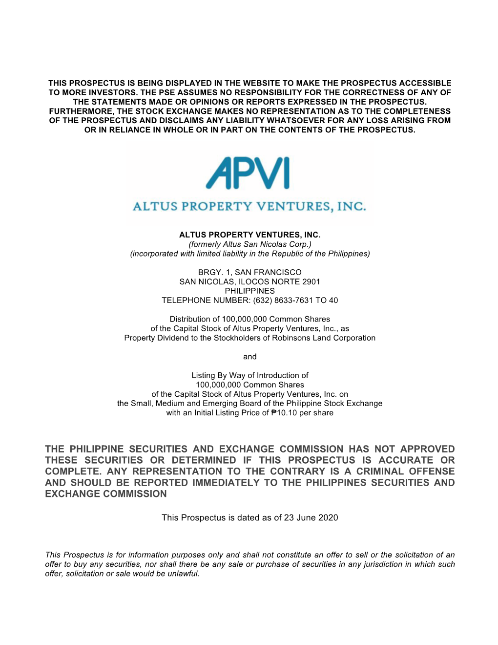 The Philippine Securities and Exchange Commission Has Not Approved These Securities Or Determined If This Prospectus Is Accurate Or Complete