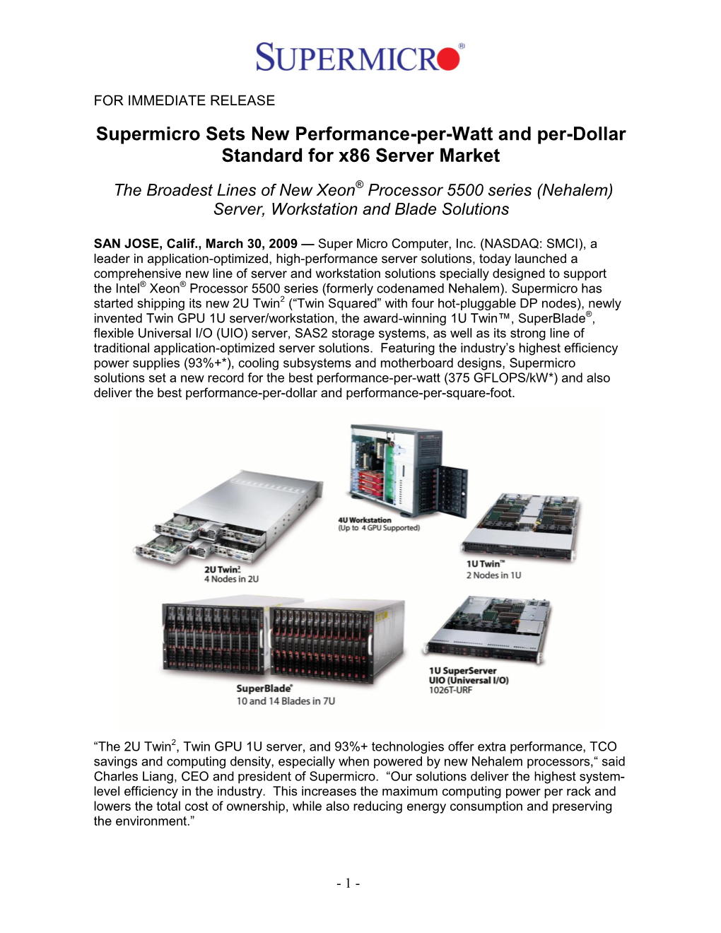 Supermicro Sets New Performance-Per-Watt and Per-Dollar Standard for X86 Server Market