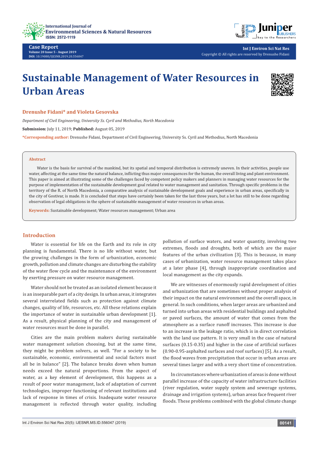 Sustainable Management of Water Resources in Urban Areas