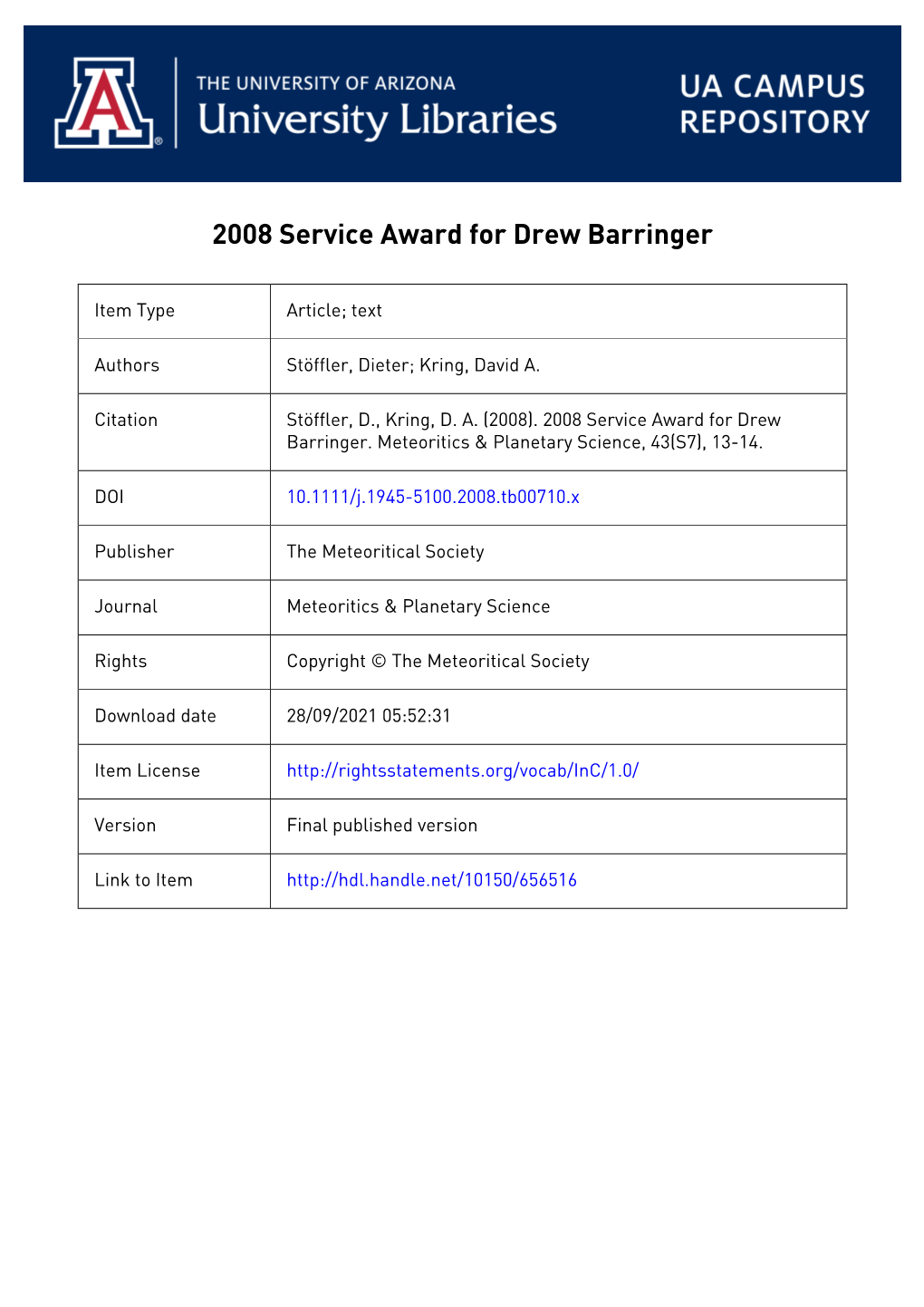 Award 2008 Service Award for Drew Barringer