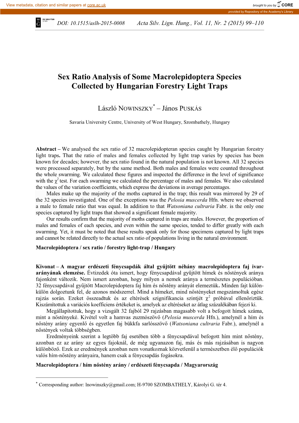 Sex Ratio Analysis of Some Macrolepidoptera Species Collected by Hungarian Forestry Light Traps