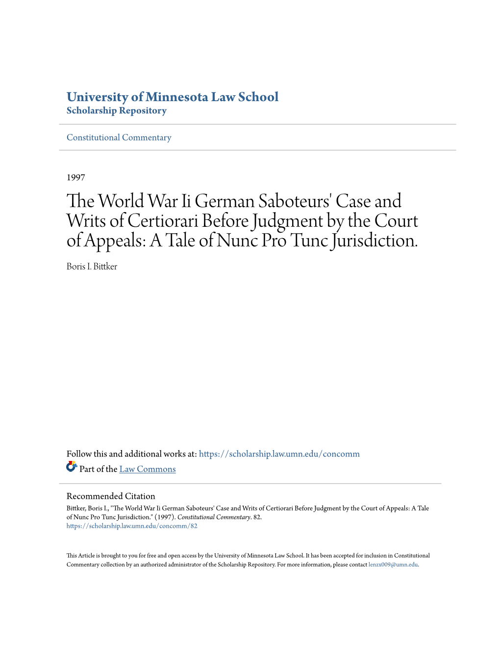 The World War Ii German Saboteurs' Case and Writs of Certiorari Before Judgment by the Court of Appeals: Atale of Nunc Pro Tunc Jurisdiction