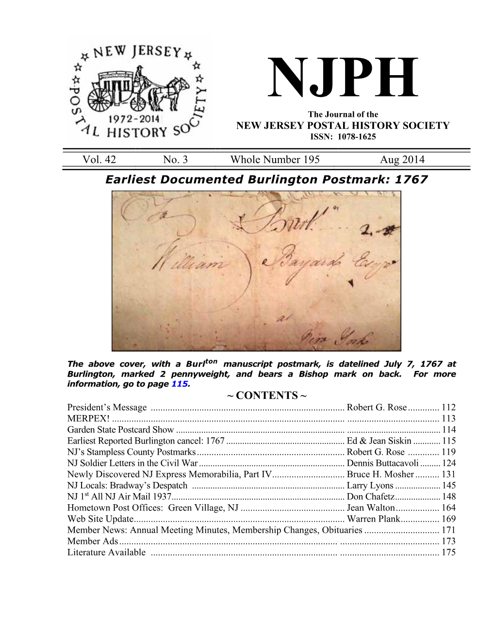 195 Aug 2014 Earliest Documented Burlington Postmark: 1767