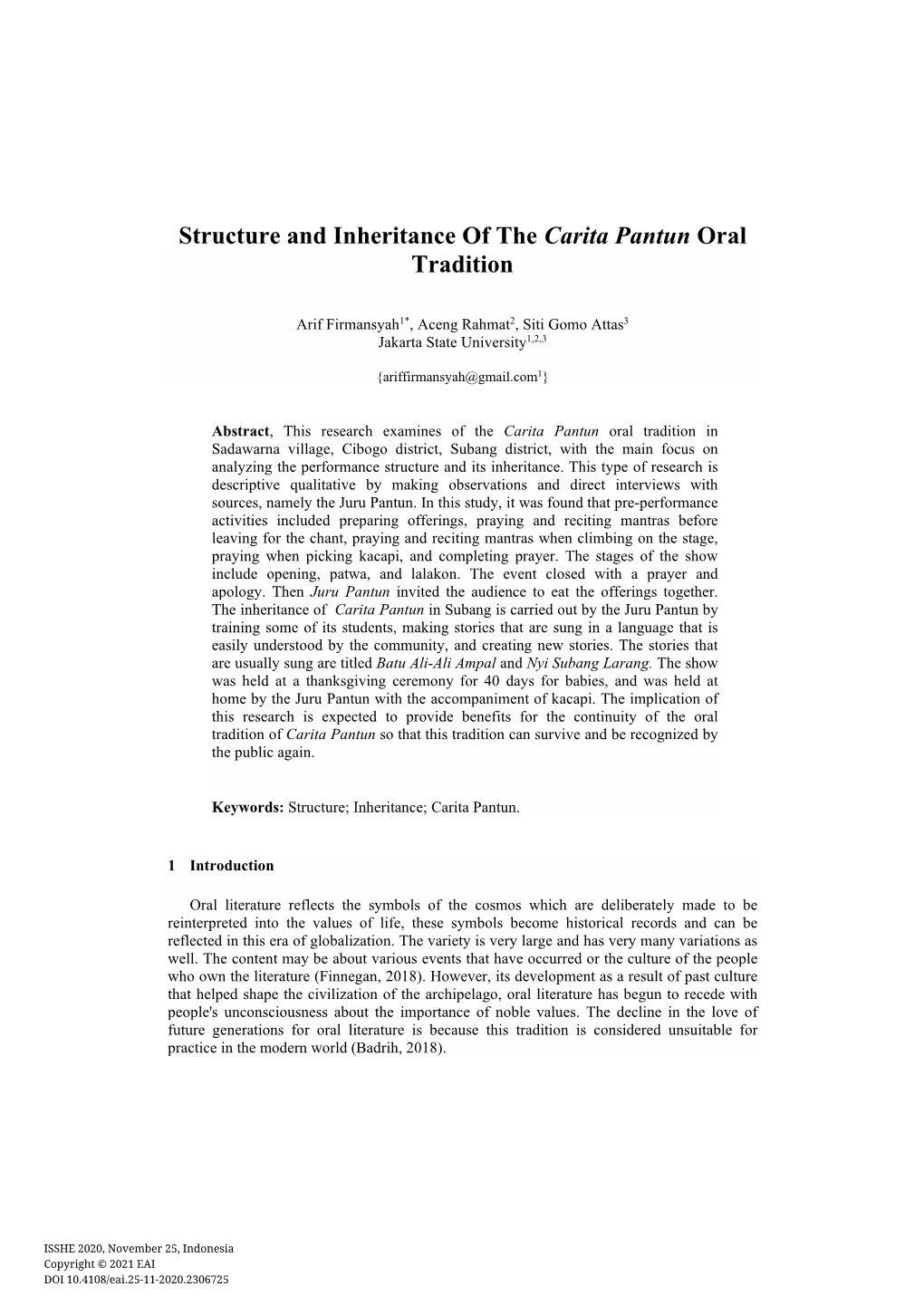 Structure and Inheritance of the Carita Pantun Oral Tradition