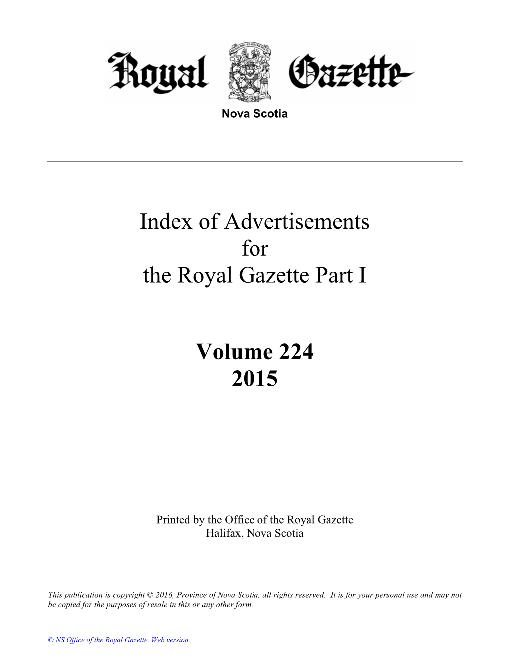 NS Royal Gazette Part I