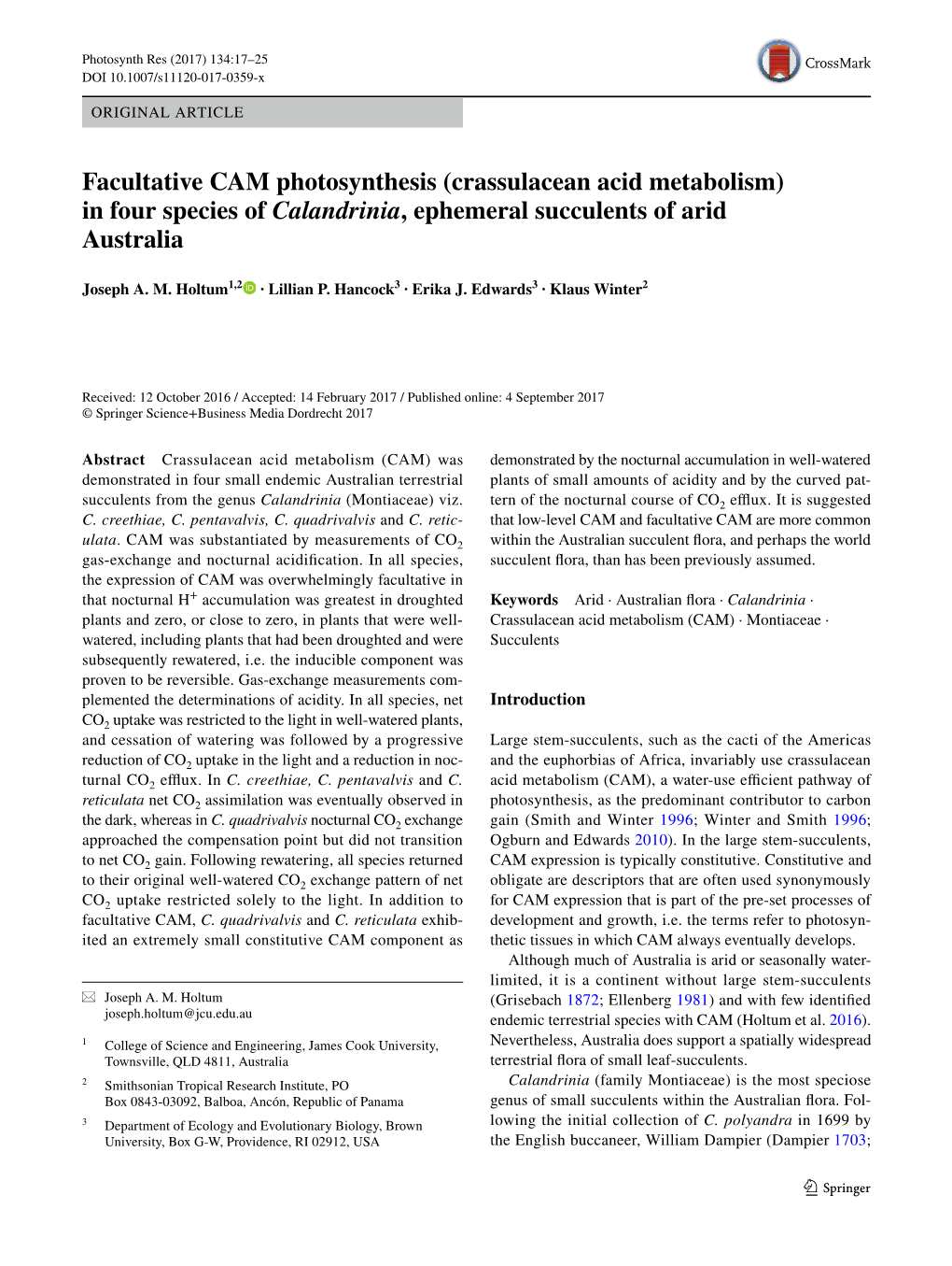 Crassulacean Acid Metabolism) in Four Species of Calandrinia, Ephemeral Succulents of Arid Australia