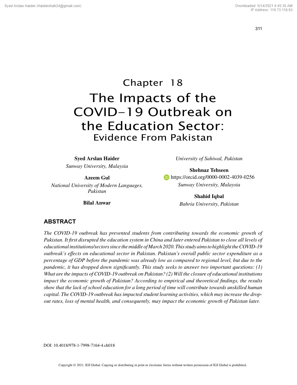 The Impacts of the COVID-19 Outbreak on the Education Sector: Evidence from Pakistan