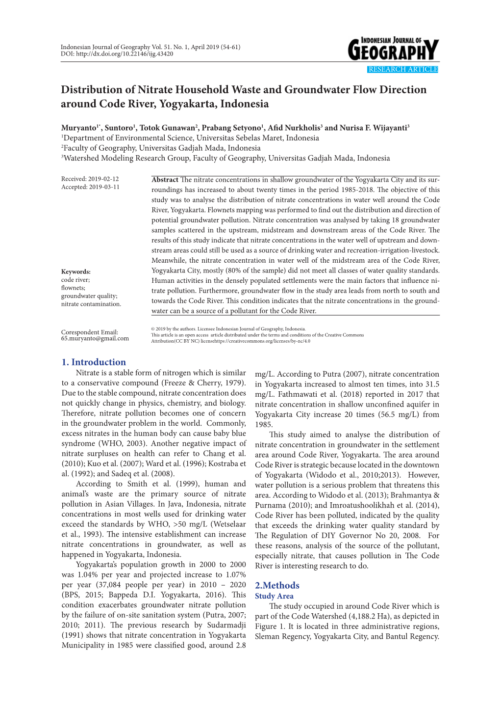 Distribution of Nitrate Household Waste and Groundwater Flow Direction Around Code River, Yogyakarta, Indonesia