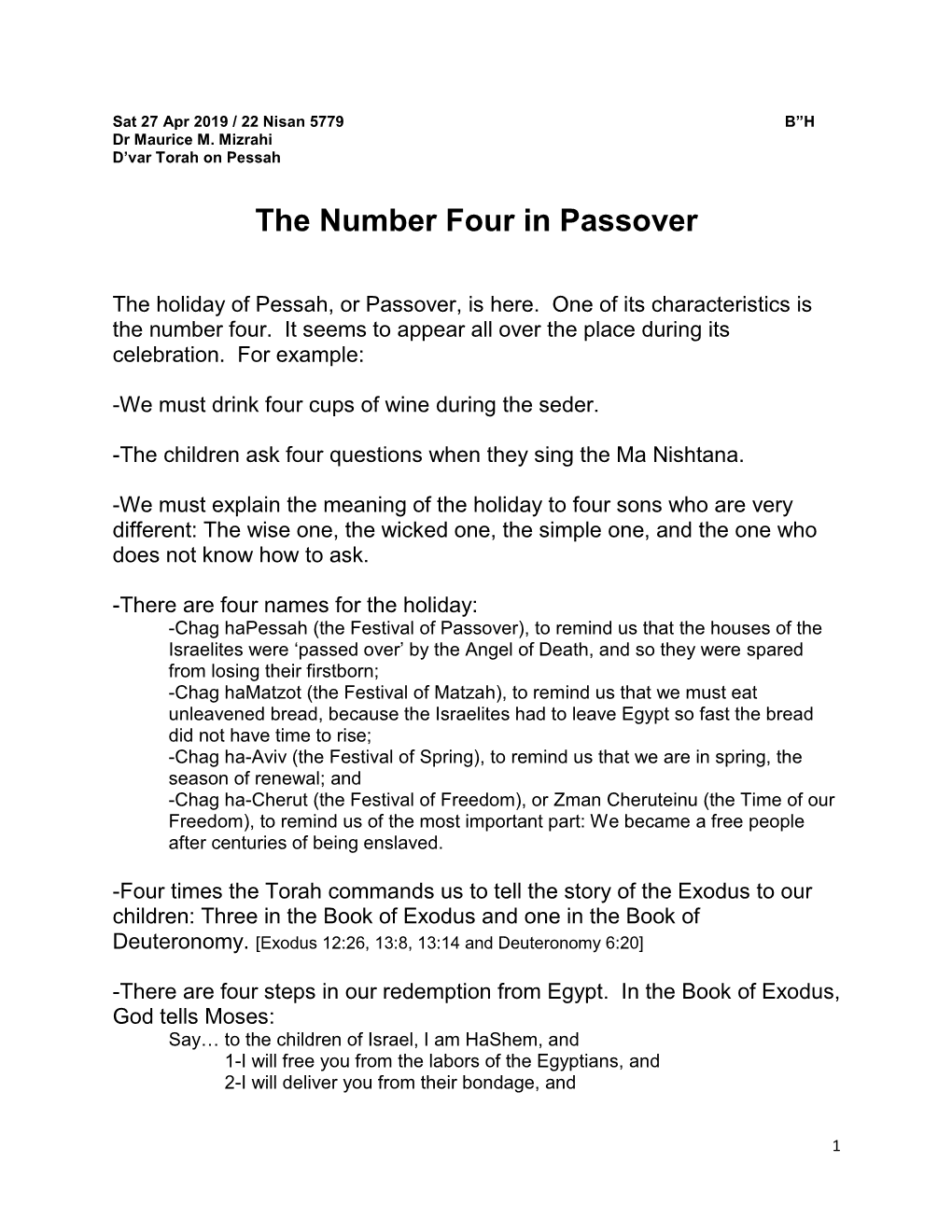 The Number Four in Passover (Pessah)