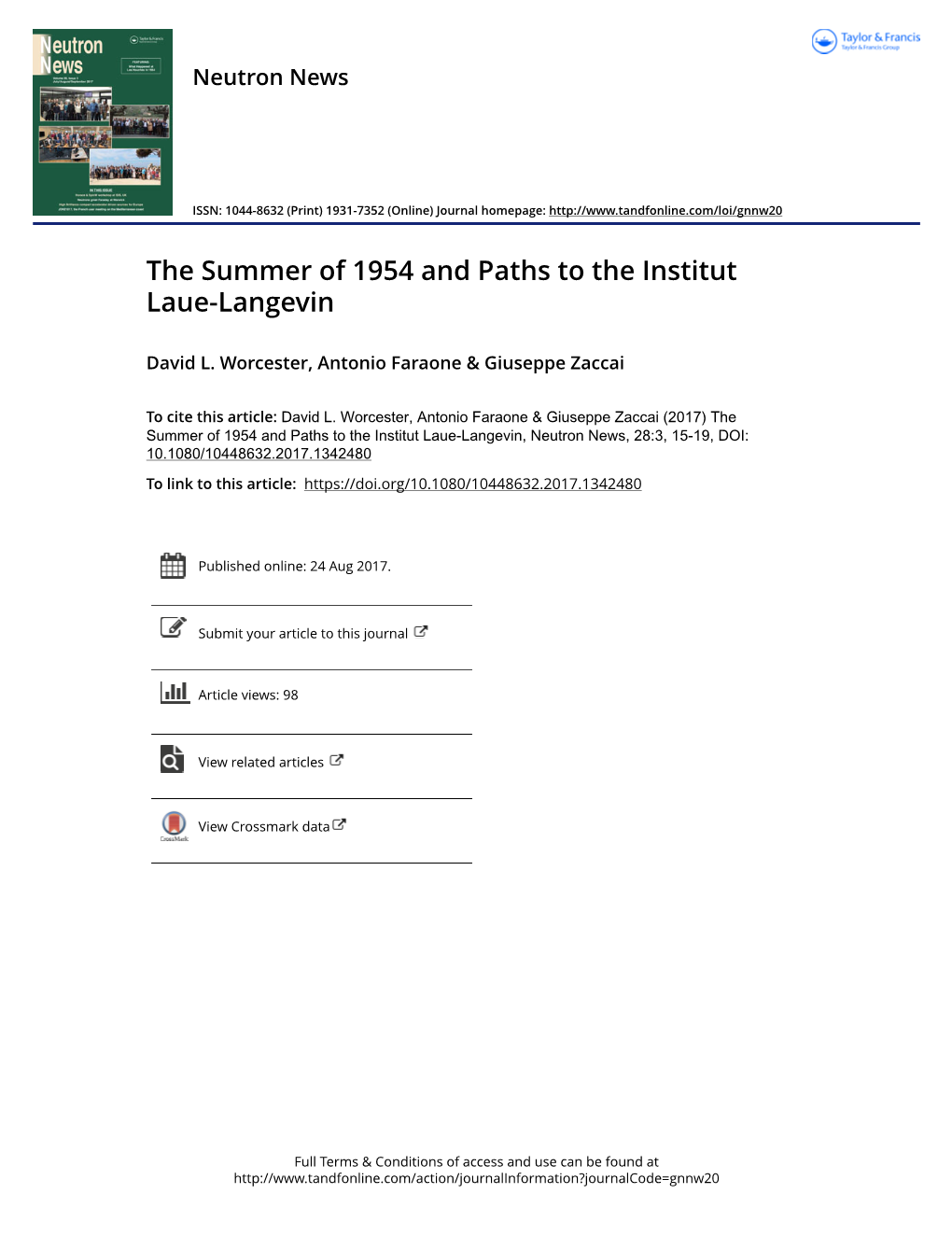 The Summer of 1954 and Paths to the Institut Laue-Langevin