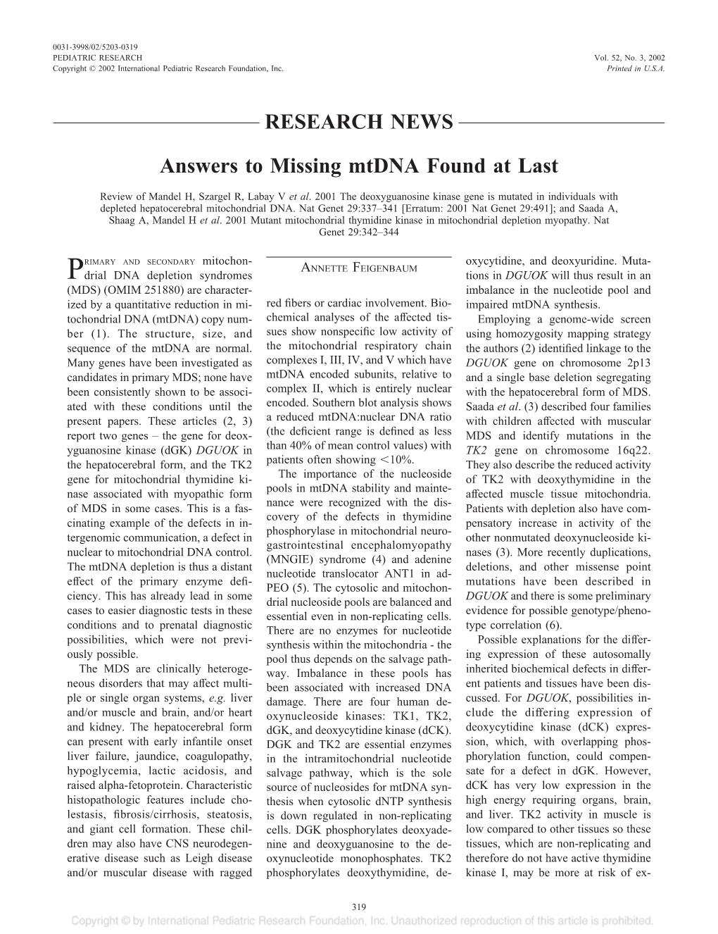 Answers to Missing Mtdna Found at Last RESEARCH NEWS