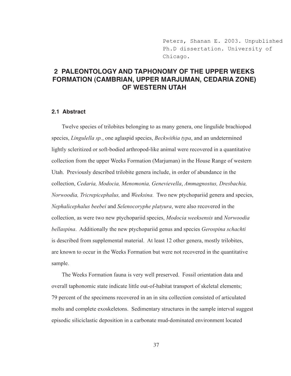 2 Paleontology and Taphonomy of the Upper Weeks Formation (Cambrian, Upper Marjuman, Cedaria Zone) of Western Utah