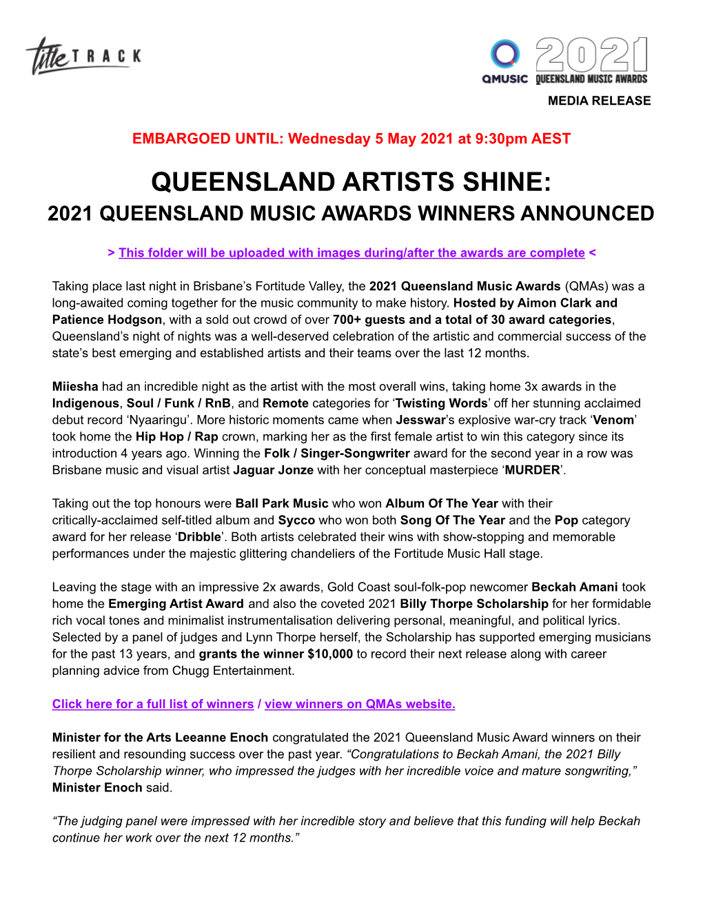2021 Queensland Music Awards Winners Announced