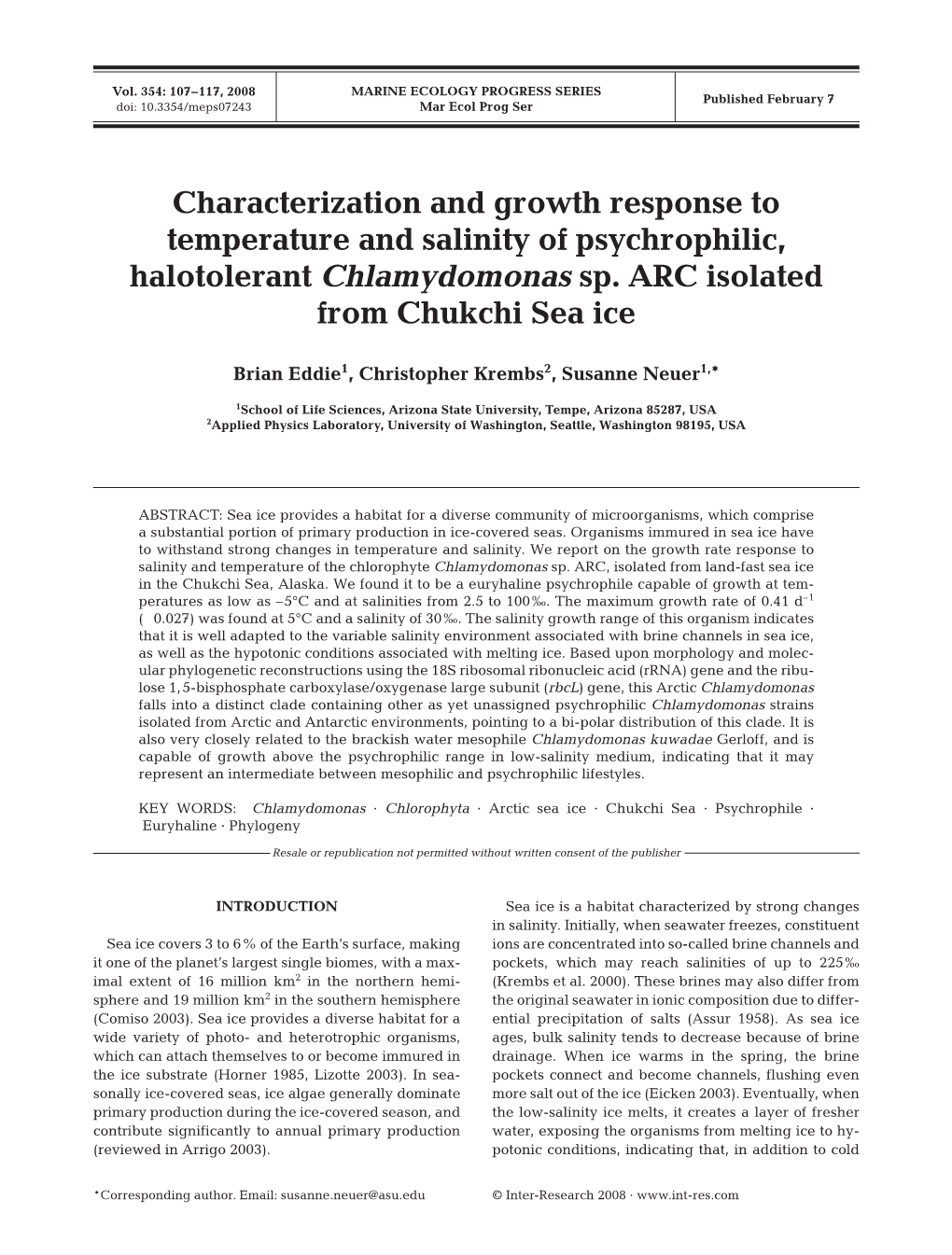 Characterization and Growth Response to Temperature and Salinity of Psychrophilic, Halotolerant Chlamydomonas Sp