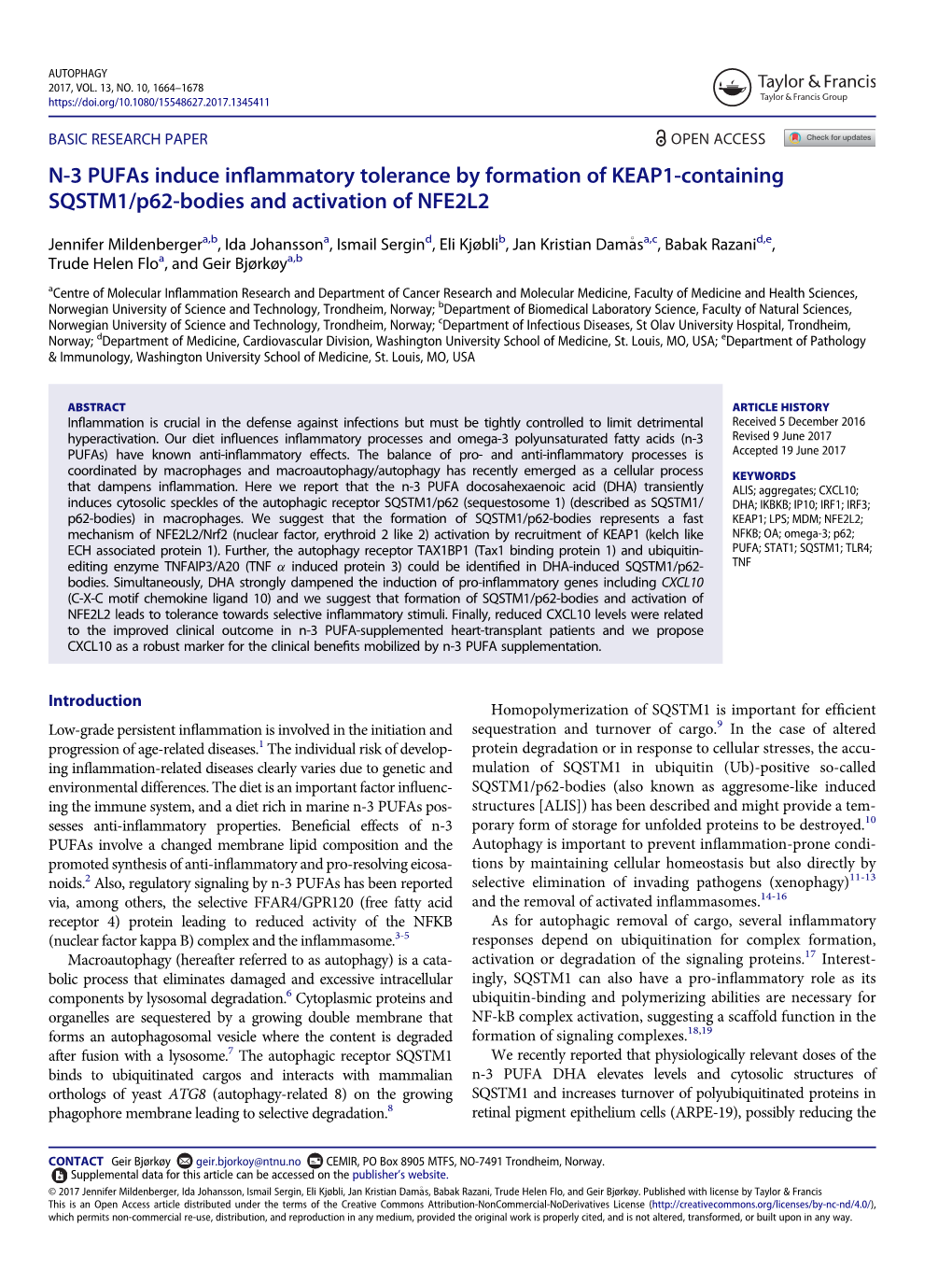 N-3 Pufas Induce Inflammatory Tolerance by Formation of KEAP1