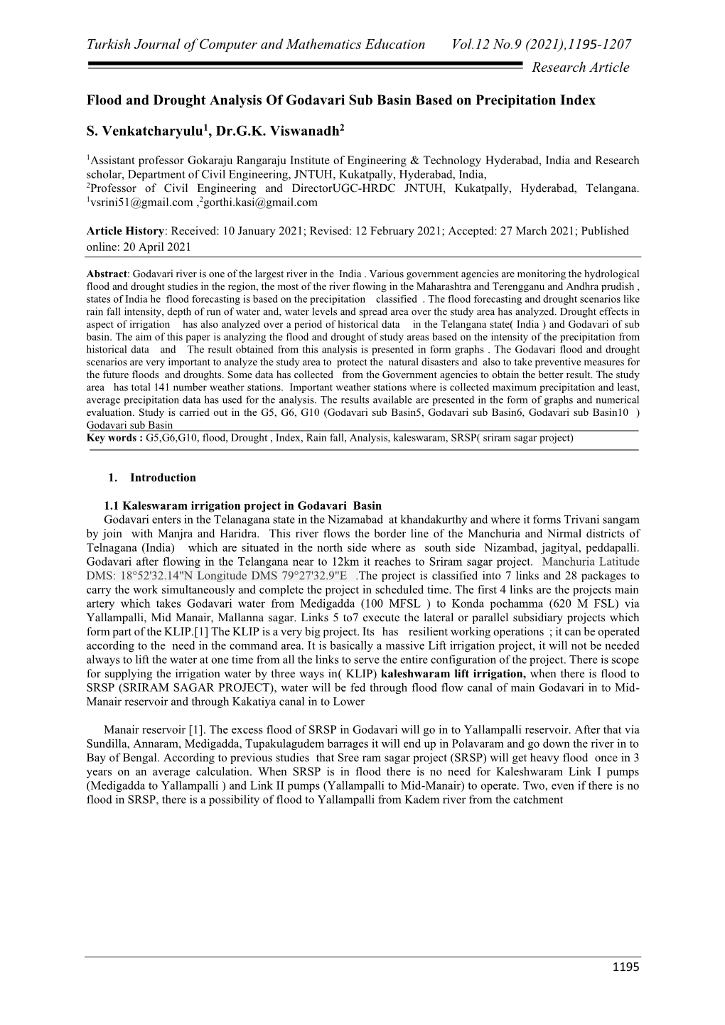 Flood and Drought Analysis of Godavari Sub Basin Based on Precipitation Index