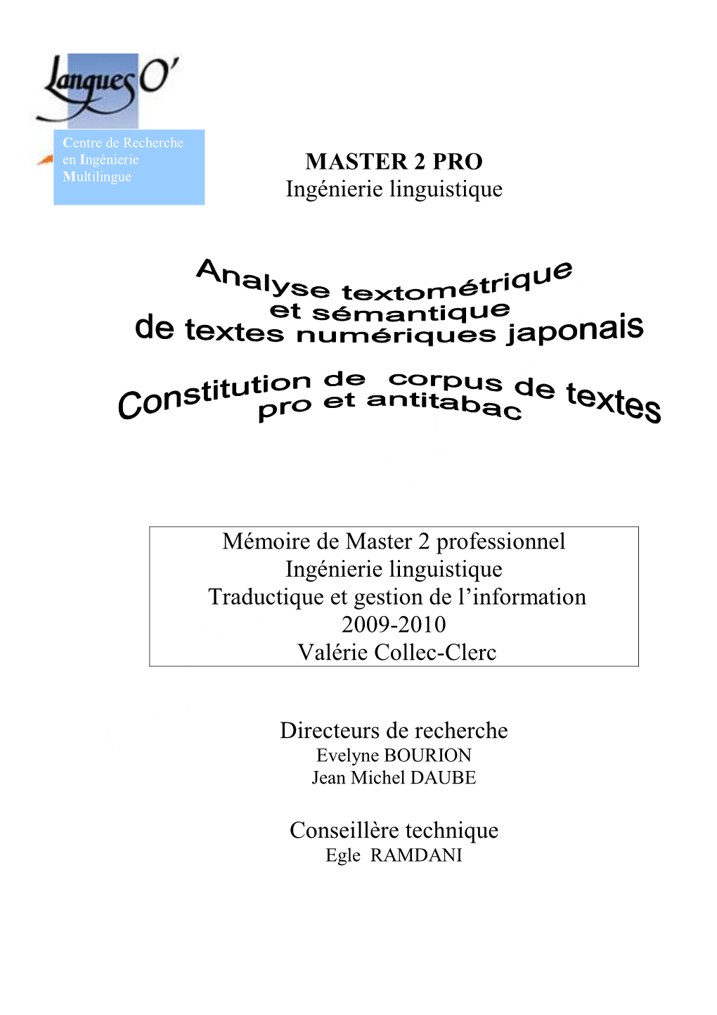 MASTER 2 PRO Ingénierie Linguistique Mémoire