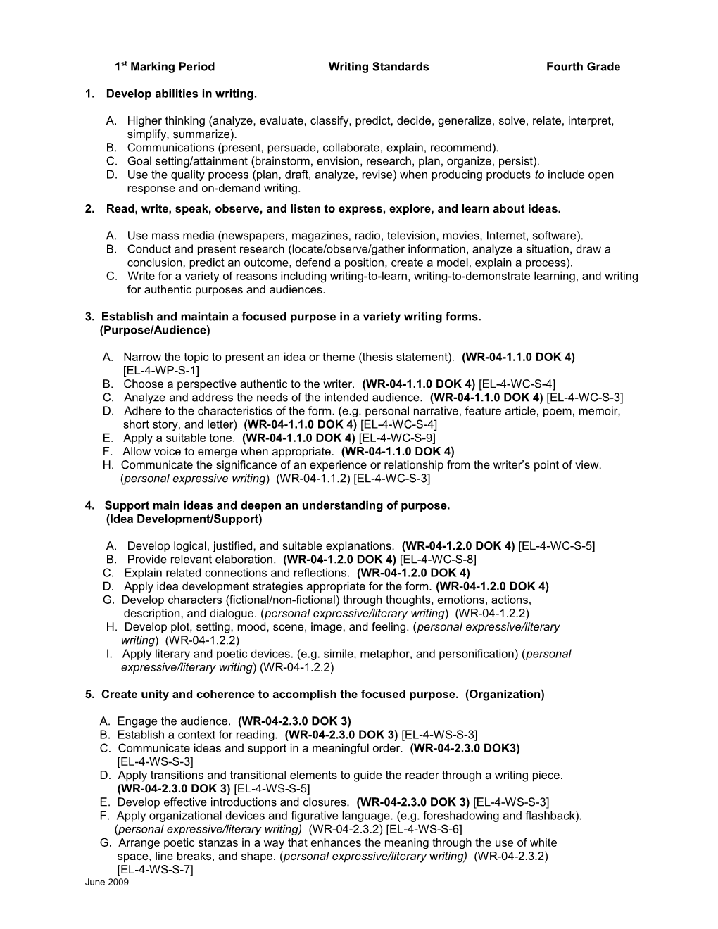 First Marking Period Writing Standards Fourth Grade