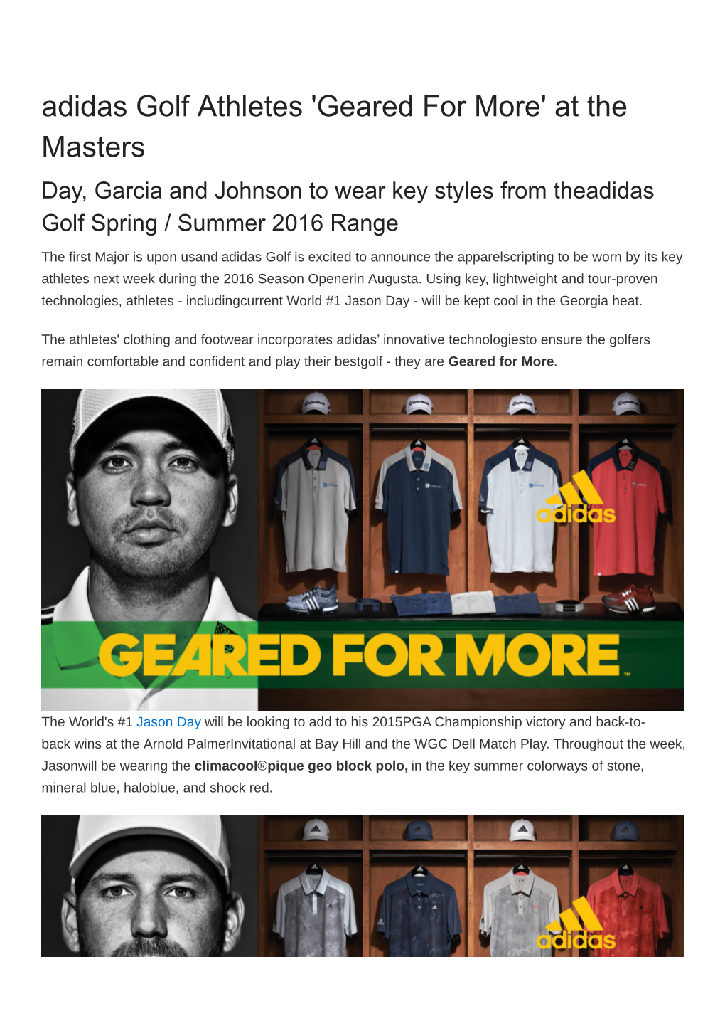 Adidas Golf Athletes 'Geared for More' at the Masters Day, Garcia and Johnson to Wear Key Styles from Theadidas Golf Spring / Summer 2016 Range