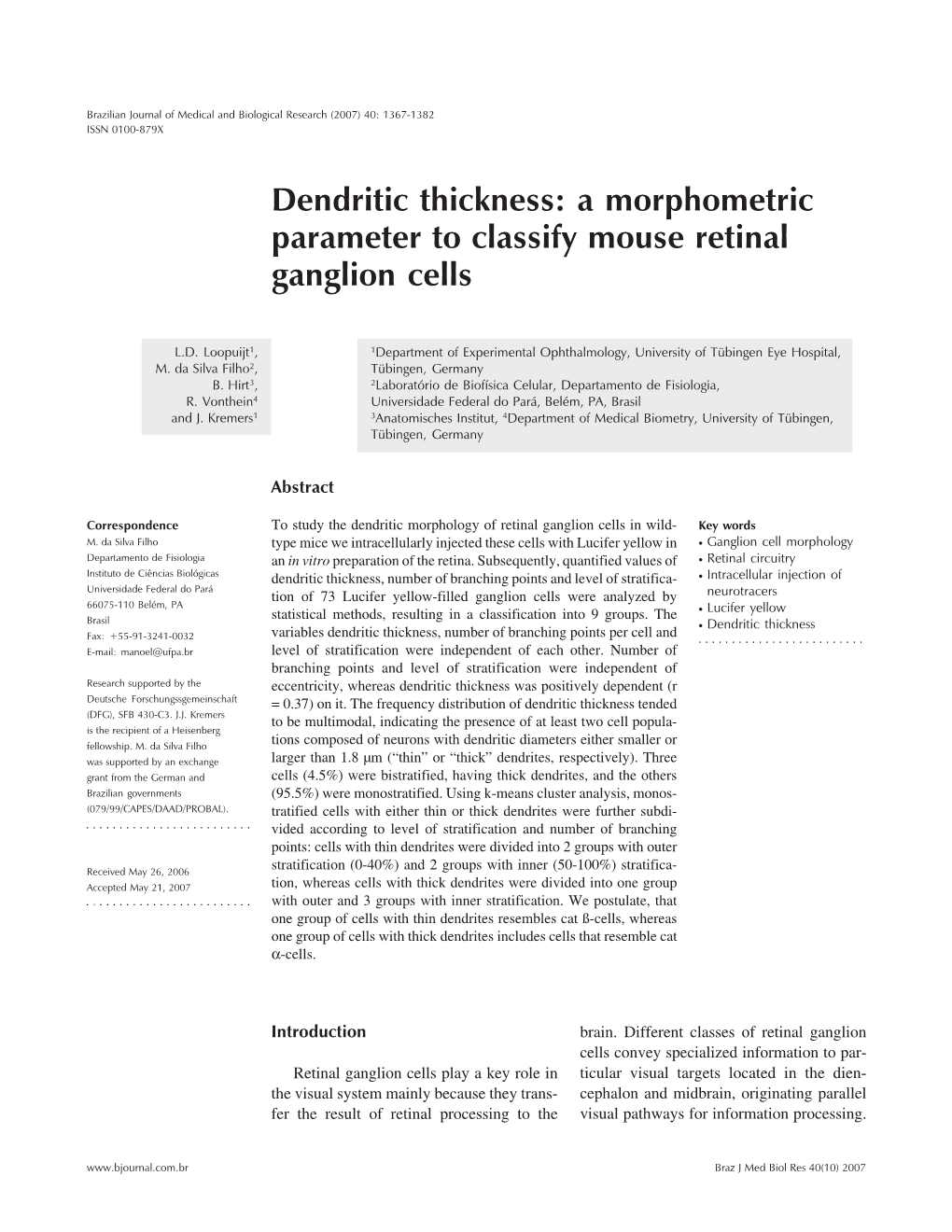 Dendritic Thickness: a Morphometric Parameter to Classify Mouse Retinal Ganglion Cells