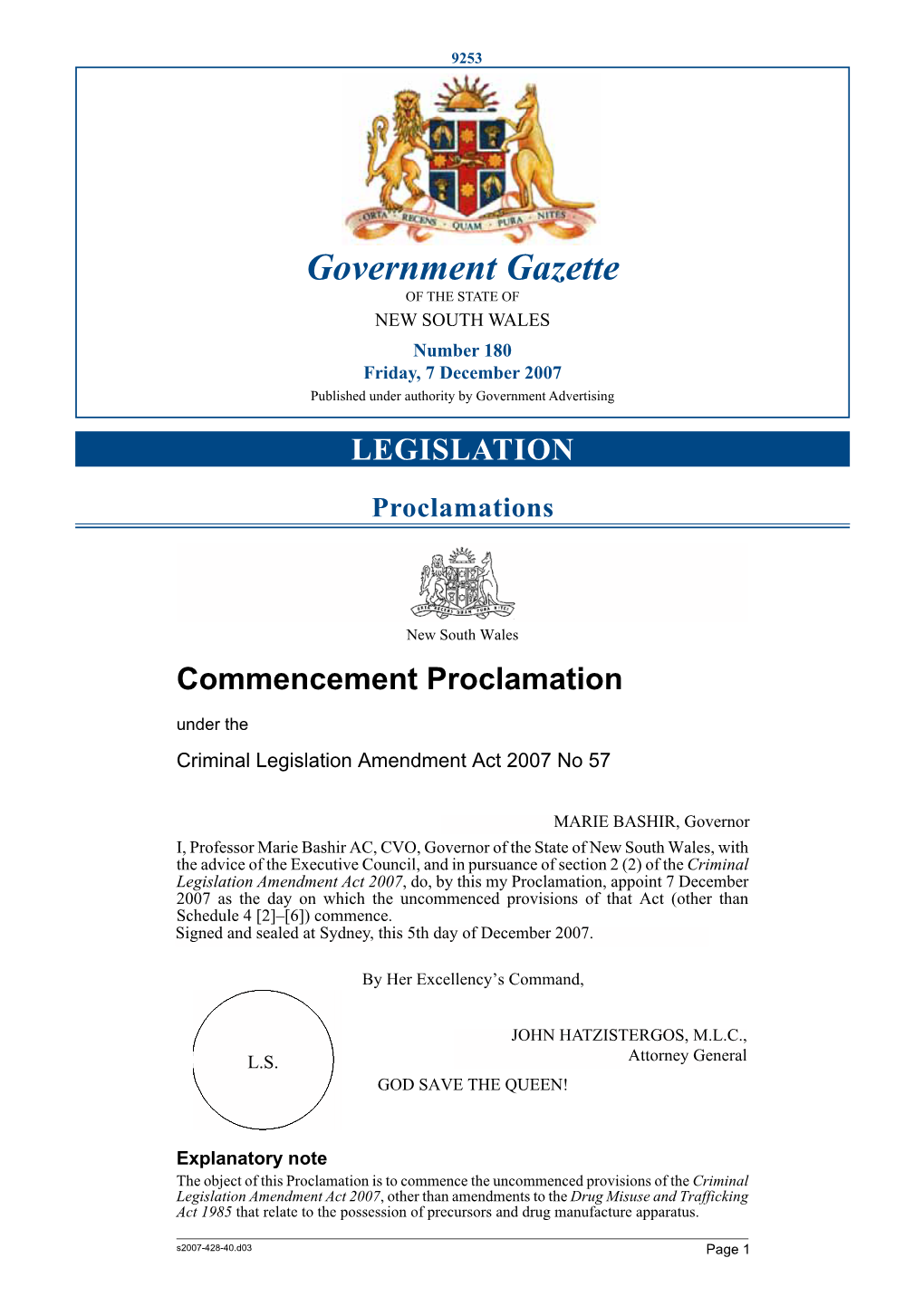 Government Gazette of the STATE of NEW SOUTH WALES Number 180 Friday, 7 December 2007 Published Under Authority by Government Advertising