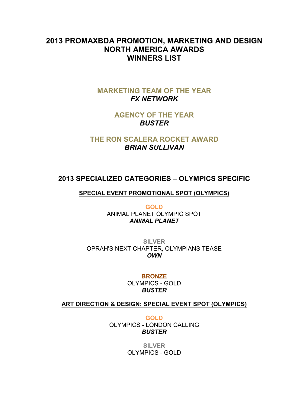 2013 Promaxbda Promotion, Marketing and Design North America Awards Winners List