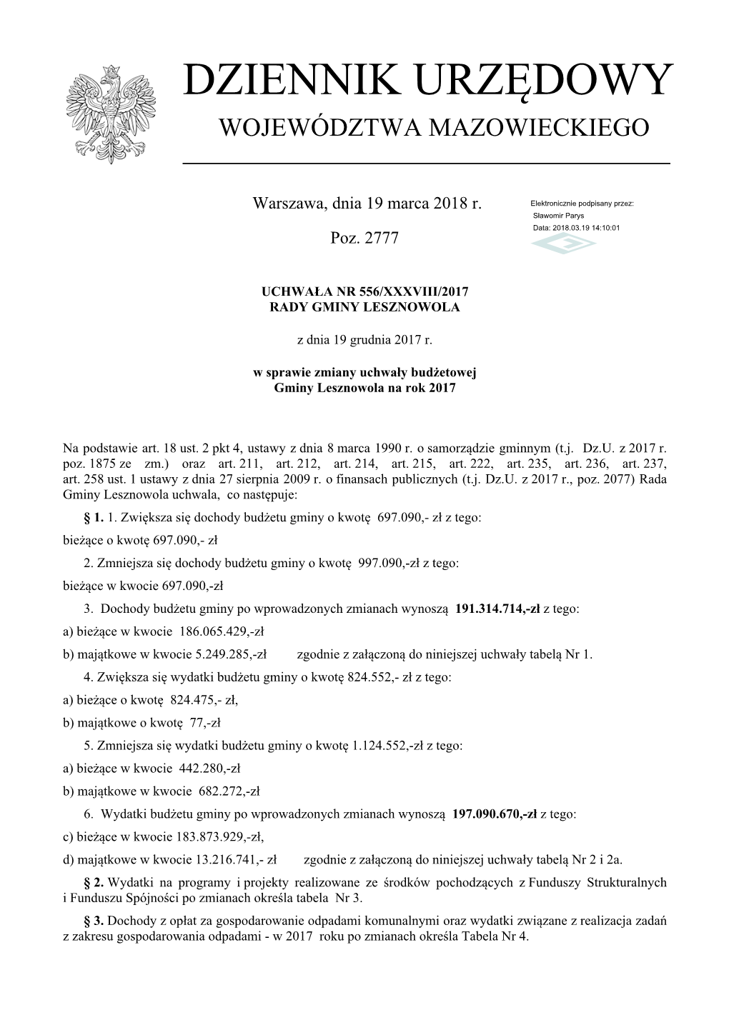 Uchwala Nr 556/XXXVIII/2017 Z Dnia 19 Grudnia 2017 R