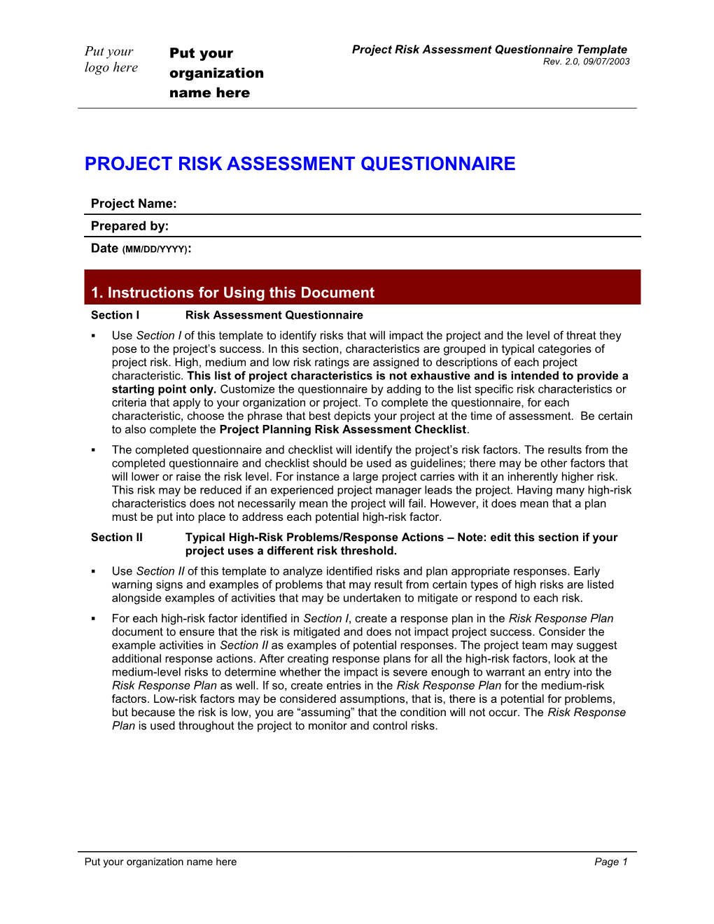 Risk Assessment Questionnaire Template