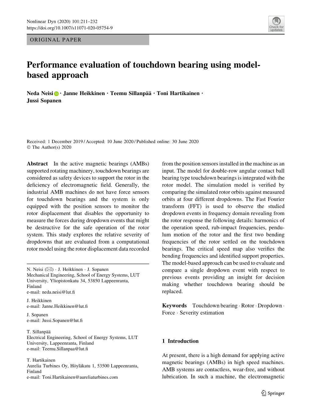 Performance Evaluation of Touchdown Bearing Using Model-Based Approach