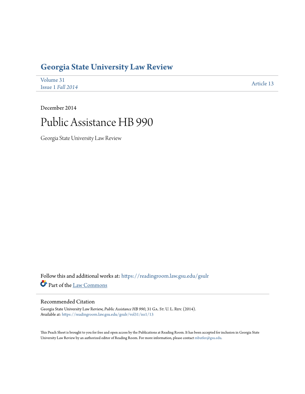 Public Assistance HB 990 Georgia State University Law Review