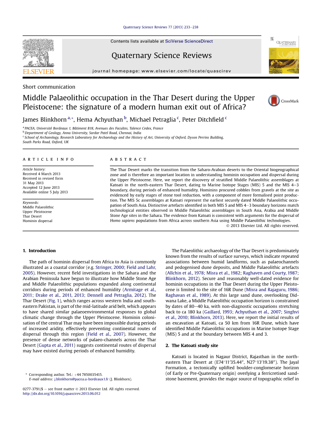 Middle Palaeolithic Occupation in the Thar Desert During the Upper Pleistocene: the Signature of a Modern Human Exit out of Africa?