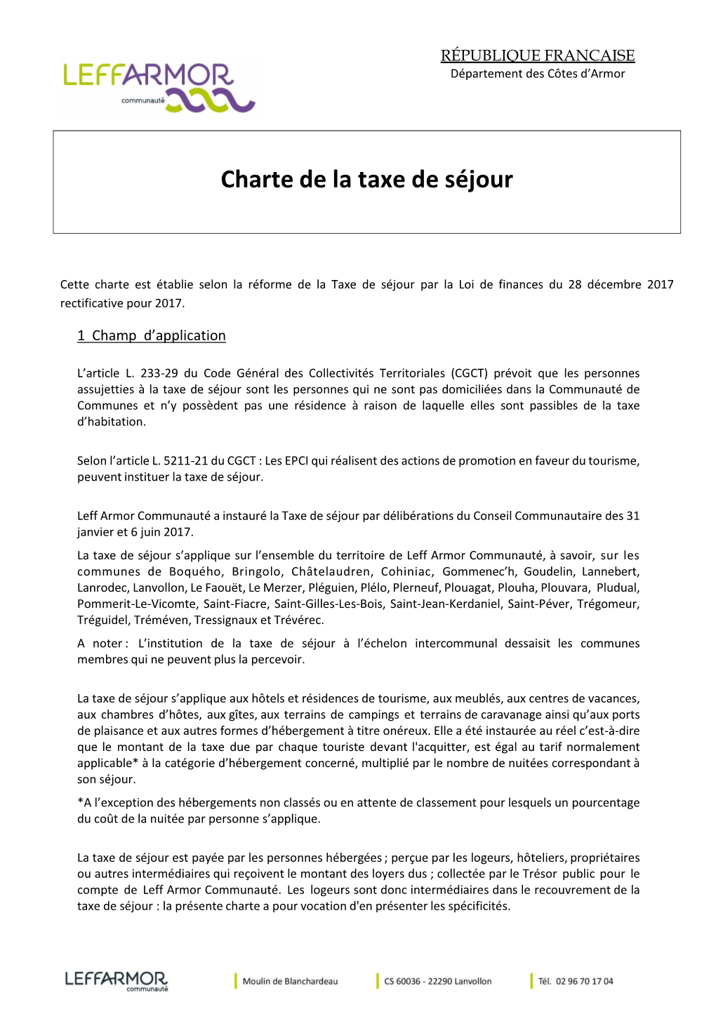 Charte De La Taxe De Séjour