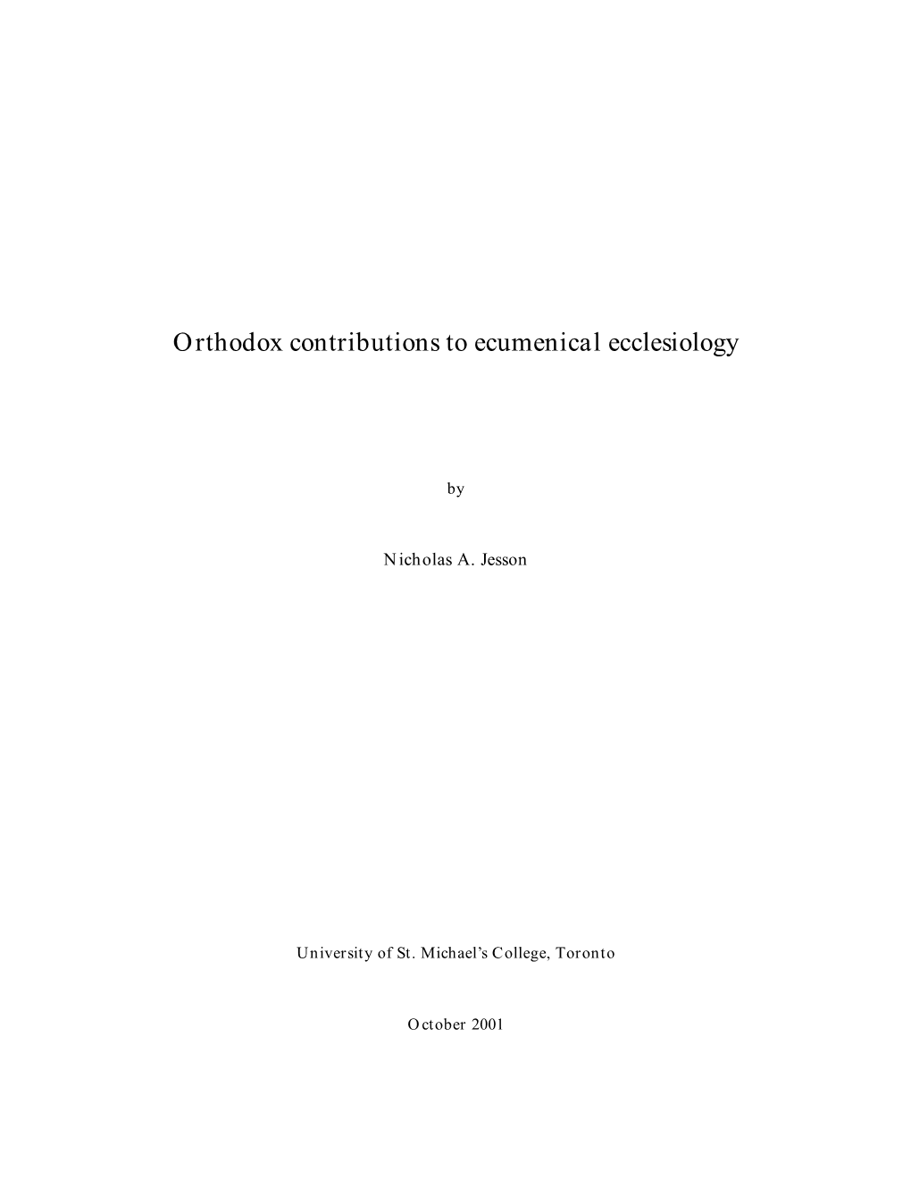 Orthodox Contributions to Ecumenical Ecclesiology