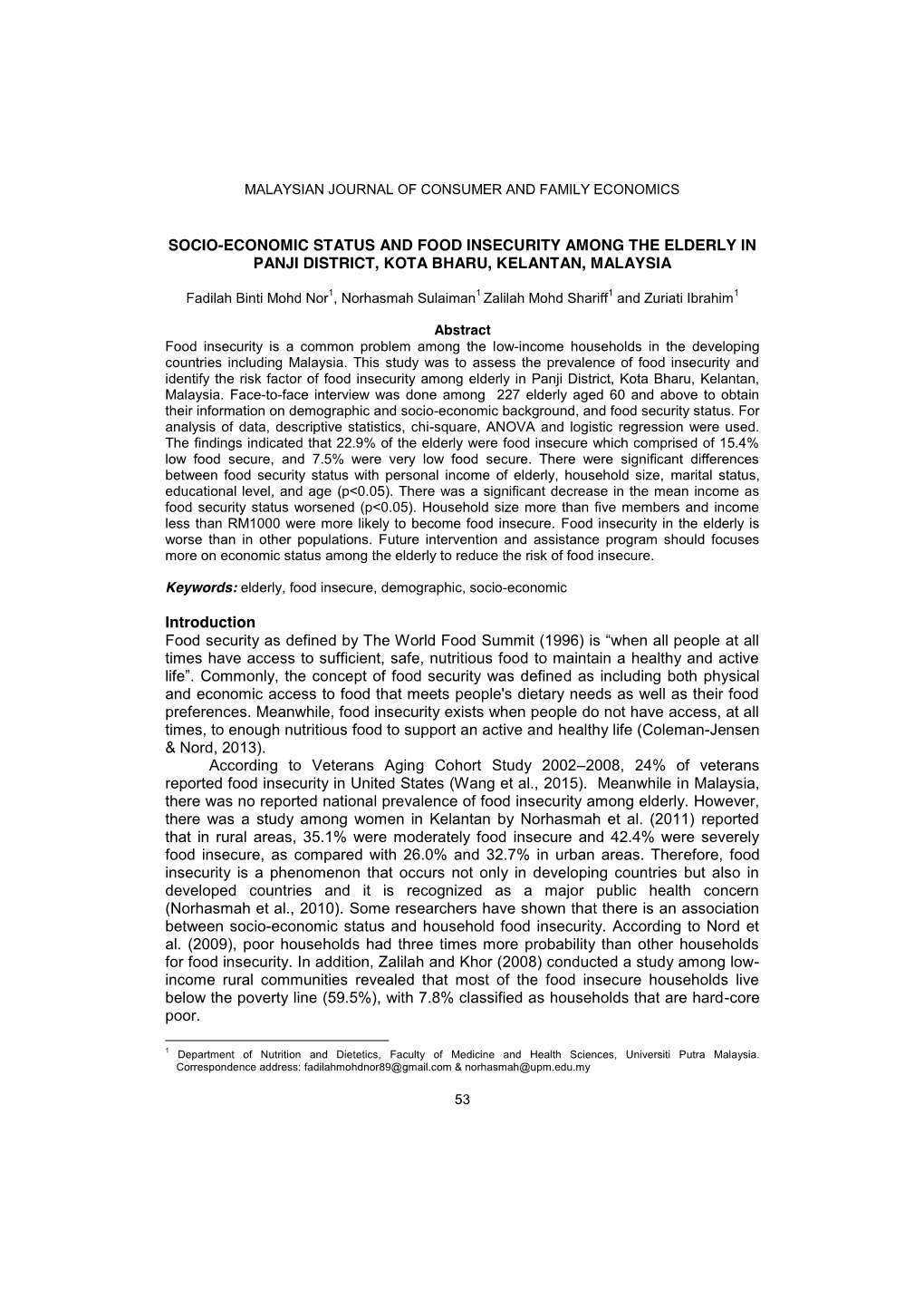 Socio-Economic Status and Food Insecurity Among the Elderly in Panji District, Kota Bharu, Kelantan, Malaysia