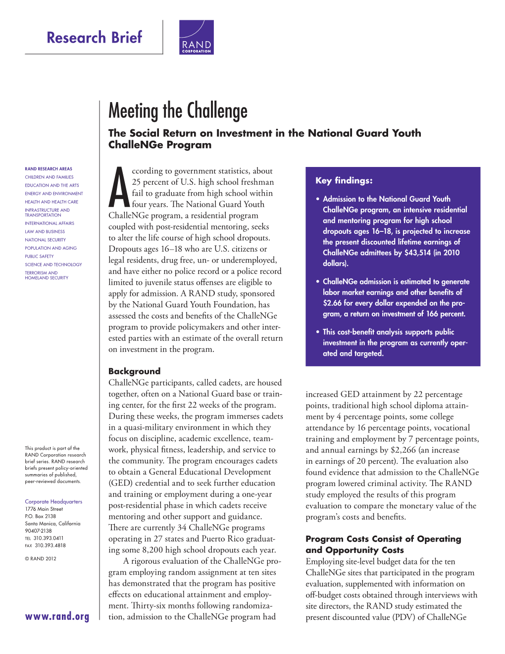 Meeting the Challenge the Social Return on Investment in the National Guard Youth Challenge Program