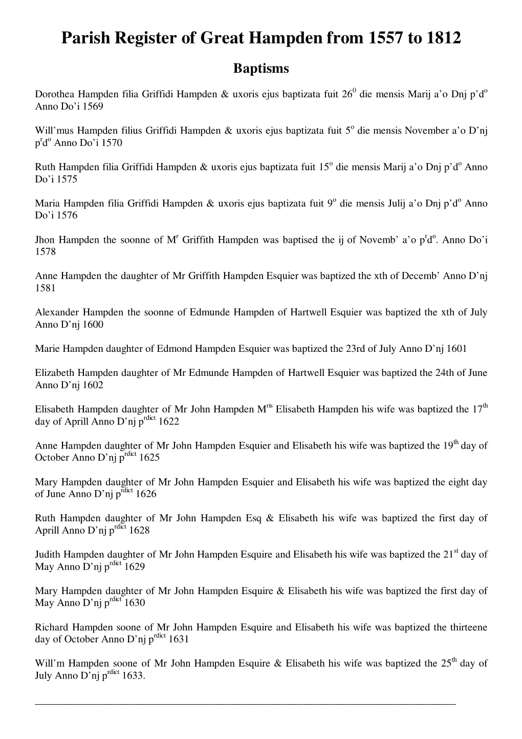 Parish Register of Great Hampden from 1557 to 1812