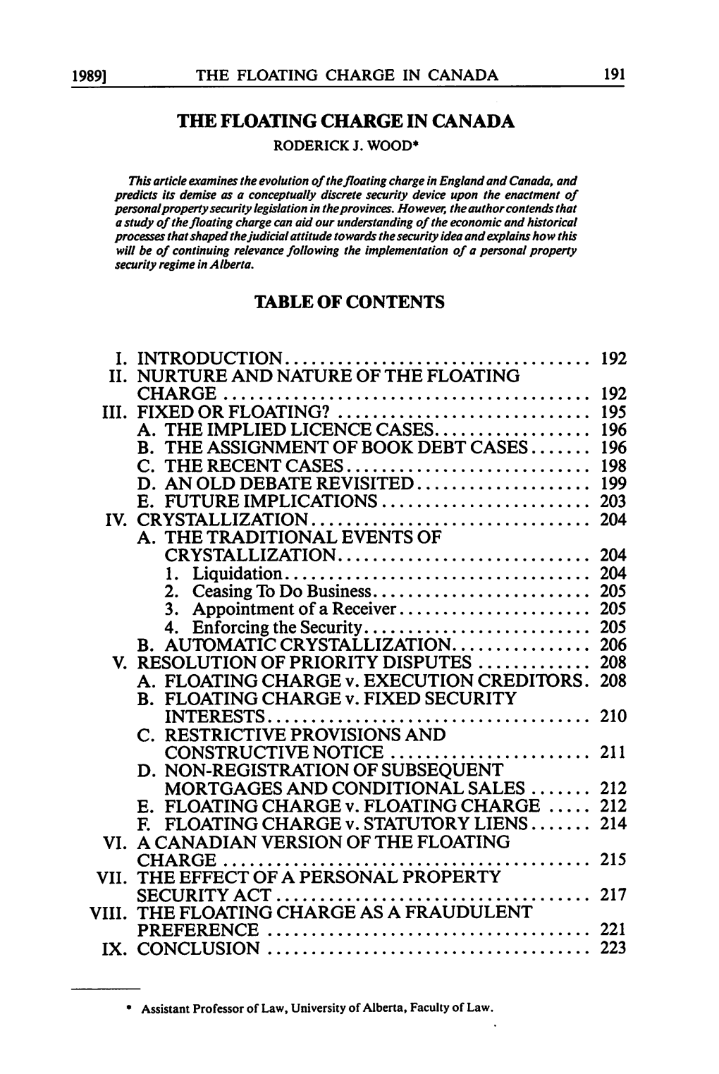 The Floating Charge in Canada Table of Contents