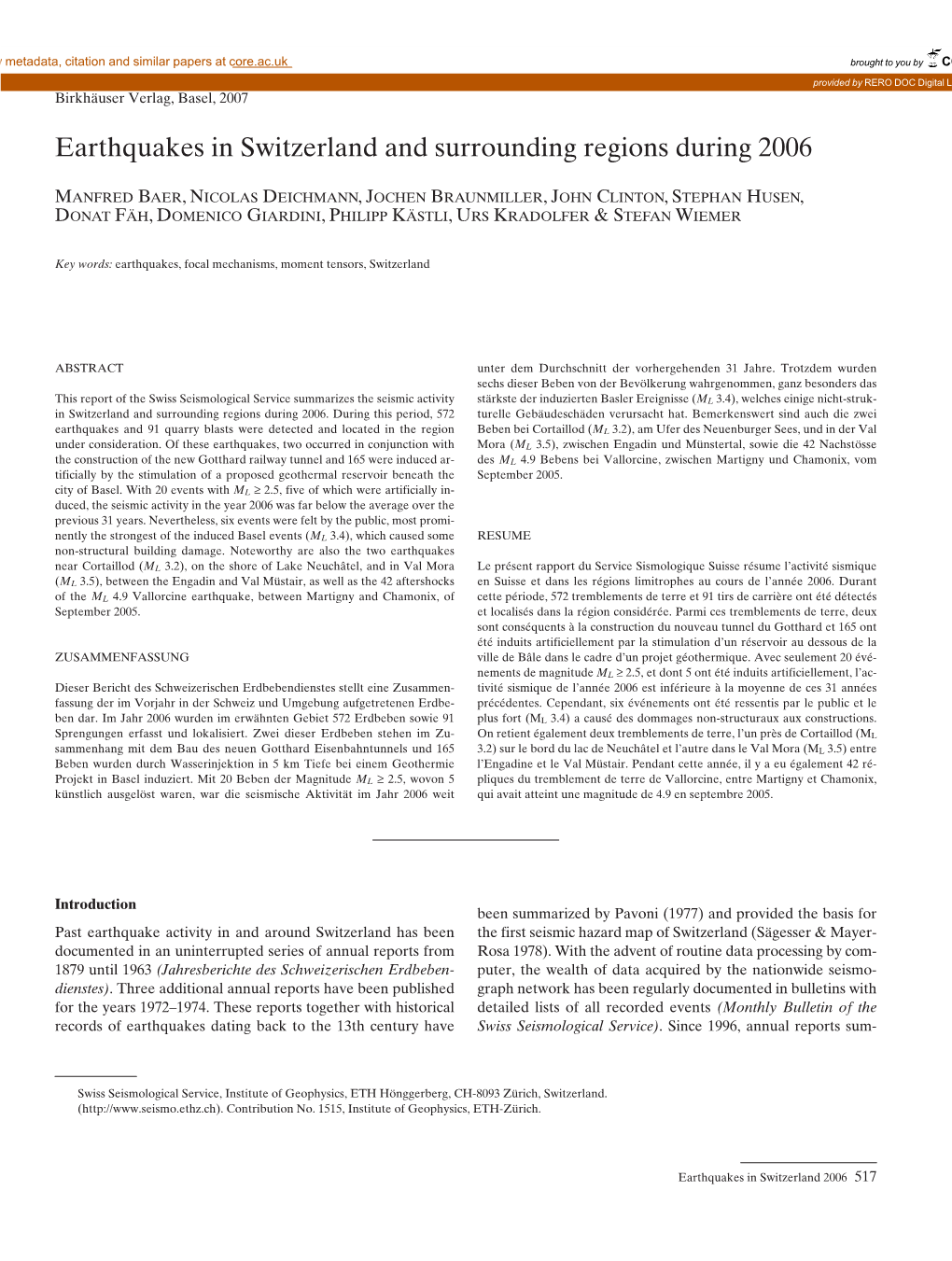 Earthquakes in Switzerland and Surrounding Regions During 2006