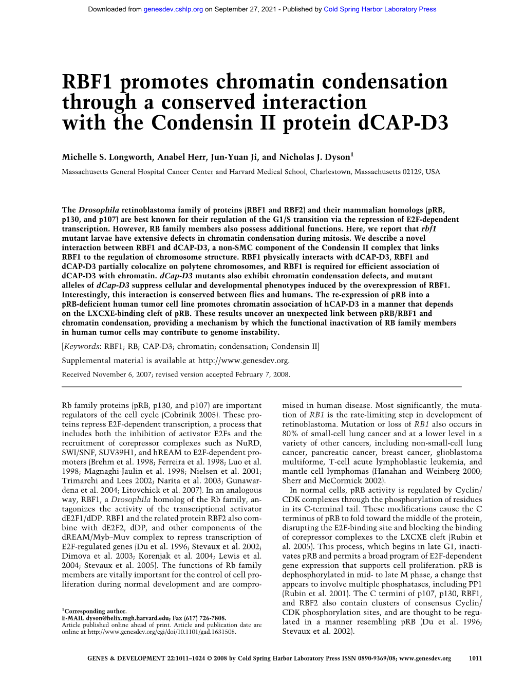 RBF1 Promotes Chromatin Condensation Through a Conserved Interaction with the Condensin II Protein Dcap-D3