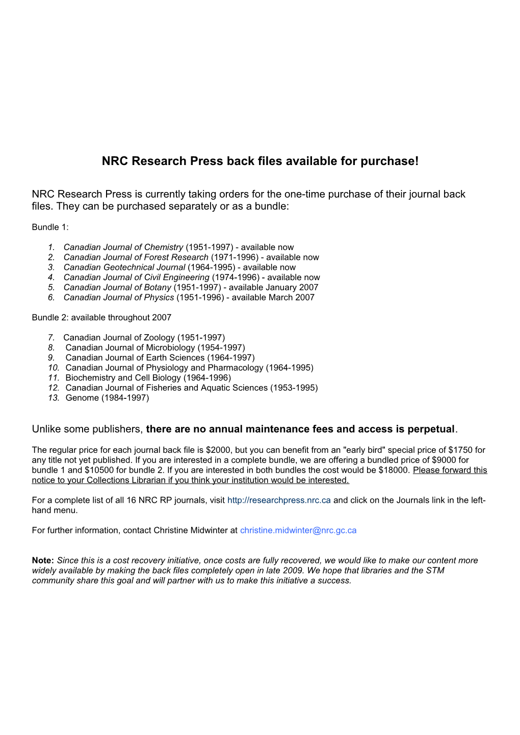 NRC Research Press Back Files Available for Purchase