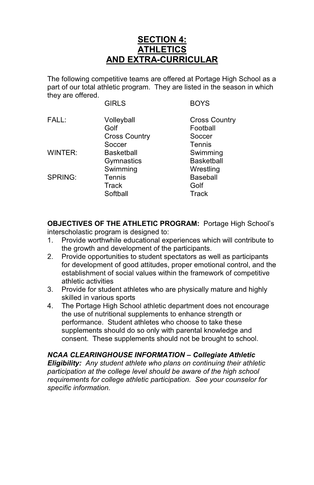 Section 4 Athletics and Extra Curricular