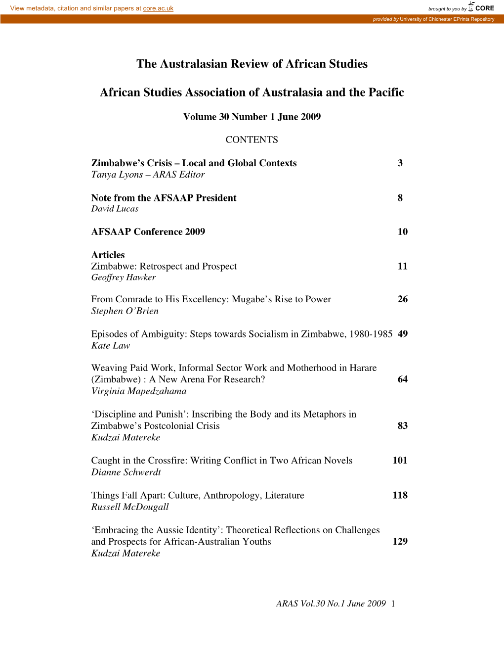 The Australasian Review of African Studies African Studies Association