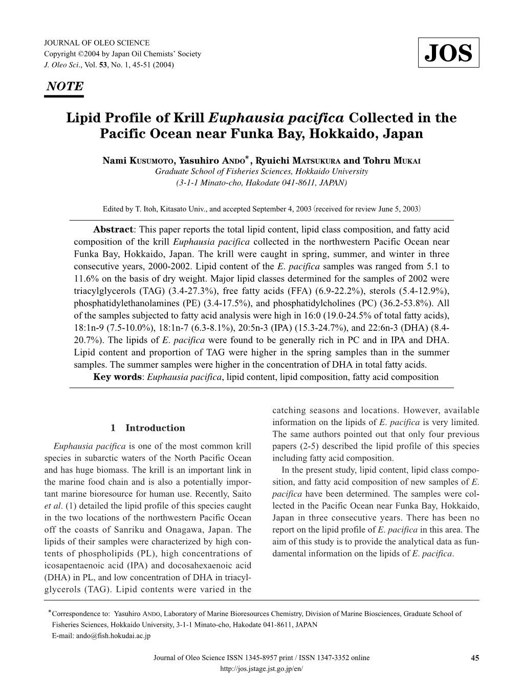 Lipid Profile of Krill Euphausia Pacifica Collected in the Pacific Ocean Near Funka Bay, Hokkaido, Japan