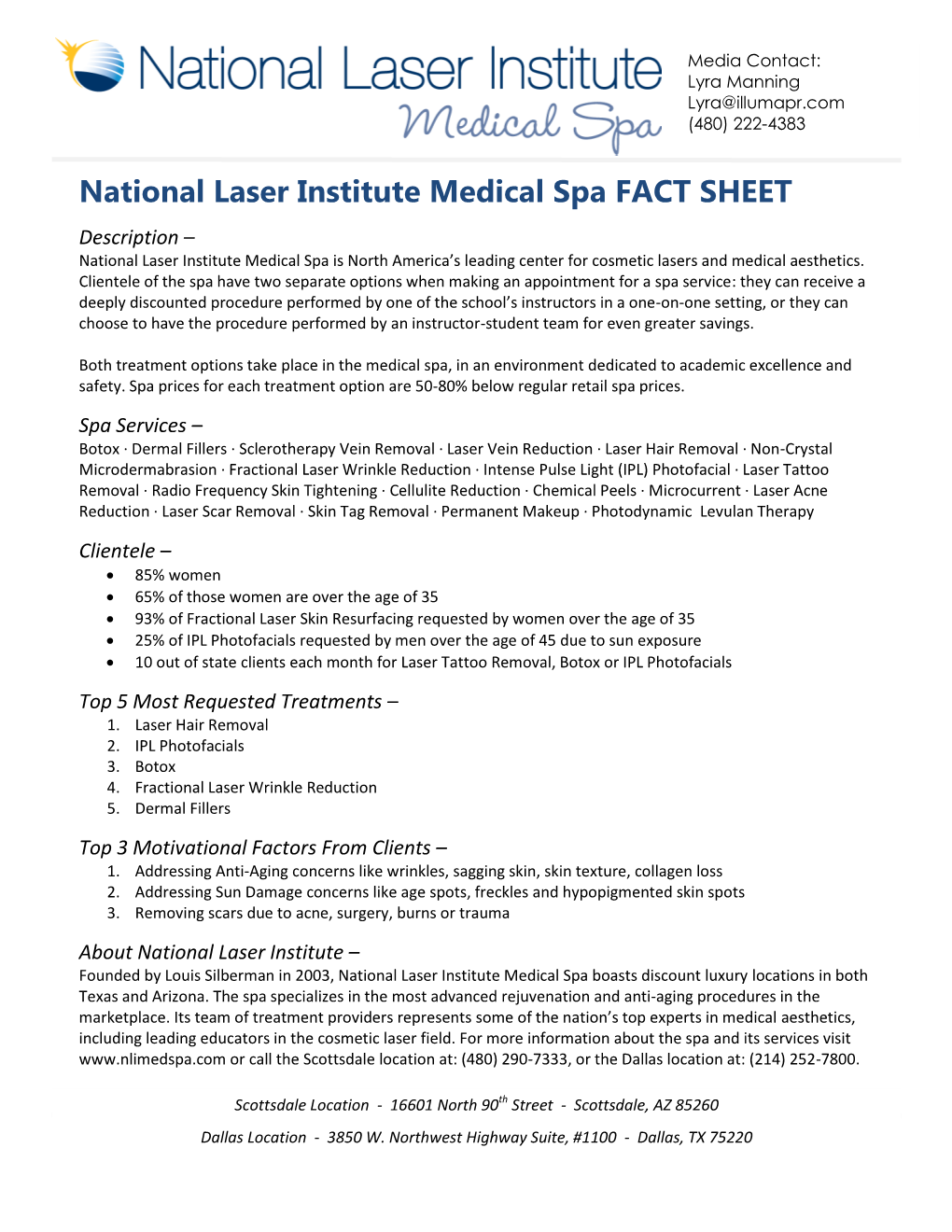 National Laser Institute Medical Spa FACT SHEET