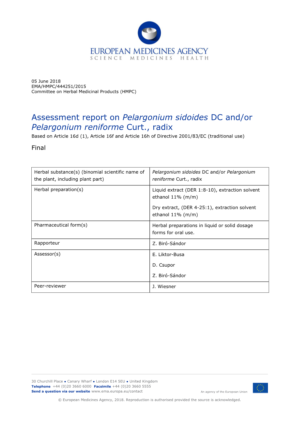 Assessment Report on Pelargonium Sidoides DC And/Or Pelargonium Reniforme Curt., Radix